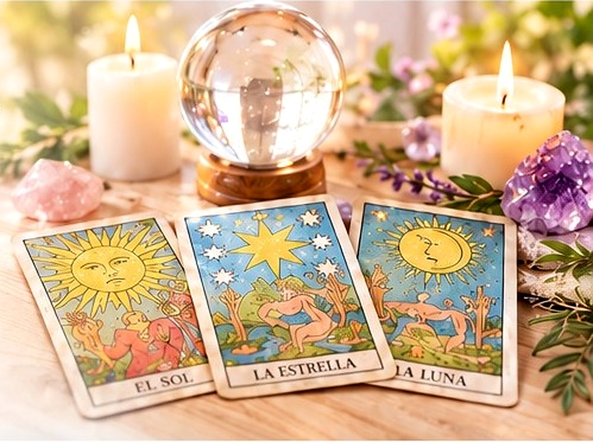 Cartas de tarot, velas y esfera de cristal